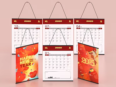 2023 Red Themed Wall Decor Calendars With Happy New Year Elements And Date 3d model