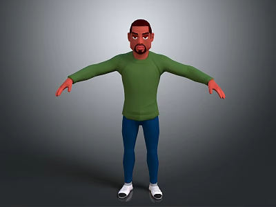 A man in green shirt and blue pants with arms outstretched against gray background 3d model