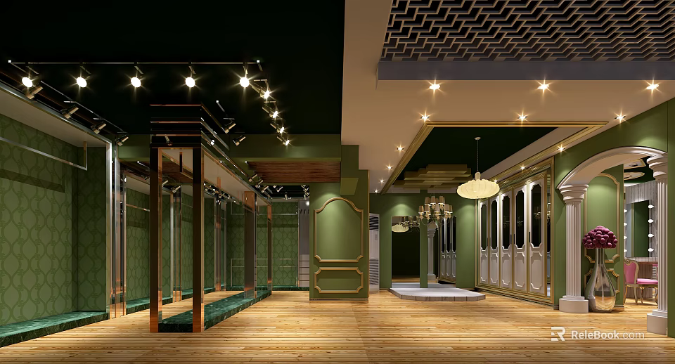 Shopping Mall Store Interior With Green Walls Wooden Floors Chandeliers And Mirrors 3d model 