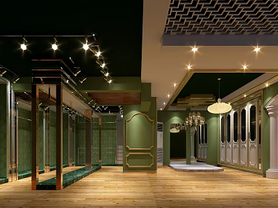 Shopping Mall Store Interior With Green Walls Wooden Floors Chandeliers And Mirrors 3d model