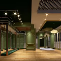 Shopping Mall Store Interior With Green Walls Wooden Floors Chandeliers And Mirrors