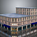 Modern Commercial Complex Building With Multiple Floors Blue Awnings And Retail Storefronts