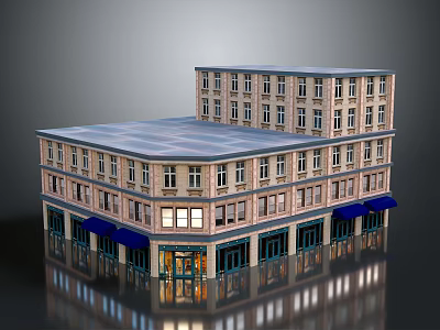 Modern Commercial Complex Building With Multiple Floors Blue Awnings And Retail Storefronts 3d model