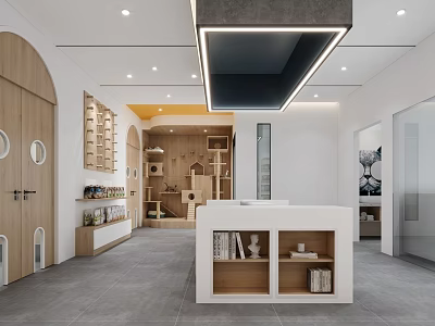 Modern Shopping Mall Retail Store Interior With Open Layout Wooden Shelves And White Counter 3d model