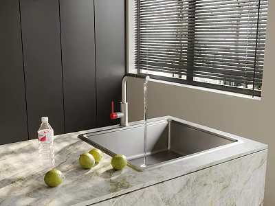 Modern Kitchen Stainless Steel Sink With Faucet On Marble Countertop And Green Apples 3d model