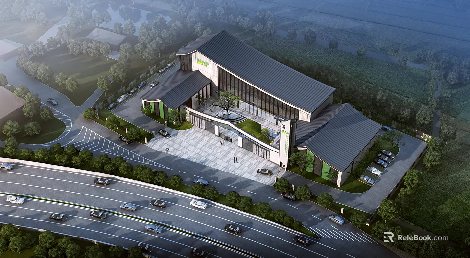 Modern Office Building Exterior Design With Parking Lot Greenery And Road Access 3d model 