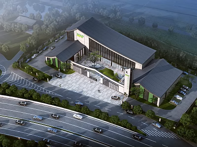 Modern Office Building Exterior Design With Parking Lot Greenery And Road Access 3d model