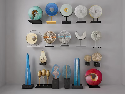 Assorted Decorative Ornament Set With Circular Spiral And Conical Shapes On Black Bases 3d model