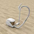 Modern White Vacuum Cleaner With Long Flexible Hose On Wooden Floor