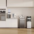 Modern Kitchen With Various Daily Electrical Appliances White Cabinets And Wooden Floor
