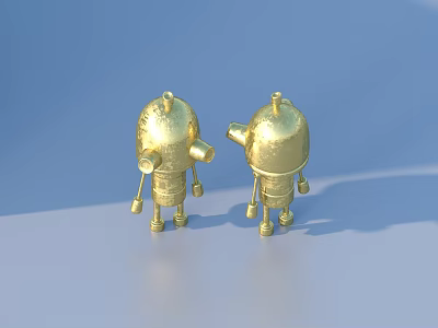 Two Golden Cartoon Style Robot Figures With Dome Heads On Blue Background 3d model