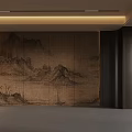 Chinese Background Wall with Mountain Water Pattern in Interior Dark Decor and Ceiling Lighting 3d model