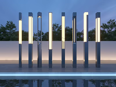 Modern Tall Vertical Outdoor Lights Illuminated In Garden With Trees And Water 3d model