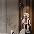 Modern Living And Dining Room Interior With Sofa Armchair Astronaut Decor And Wine Rack