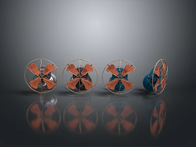 Four Computer Cooling Fans With Orange Blue Metal Frames And Reflective Surfaces 3d model