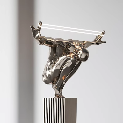 Metallic Figurine Sculpture With Outstretched Hands Holding Illuminated Light Tube On Black White Striped Base 3d model