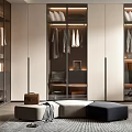Elegant Walk in Closet Interior With Glass Door Cabinets Hanging Clothes Storage Shelves And Chair