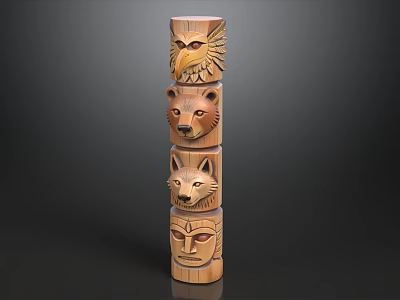 Stacked Wooden Carving With Eagle Bear Fox And Human Face Designs 3d model