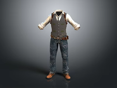 Gray Vest Over White Long Sleeve Shirt With Blue Camouflage Pants Brown Belt And Shoes 3d model