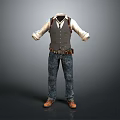 Gray Vest Over White Long Sleeve Shirt With Blue Camouflage Pants Brown Belt And Shoes