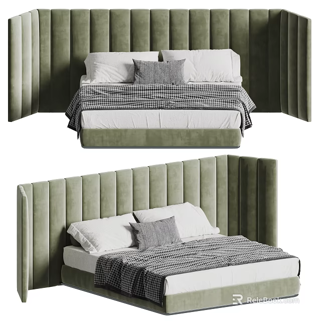 Modern Double Bed With Green Velvet Headboard Striped Bedding And Gray Pillows Design 3d model 