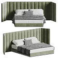 Modern Double Bed With Green Velvet Headboard Striped Bedding And Gray Pillows Design
