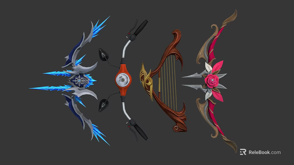 Decorative Fantasy Weapons With Ice Blue Accents Golden Details And Rose Motifs 3d model 