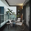 Modern Home Balcony with City View Plants Outdoor Chairs and Small Table