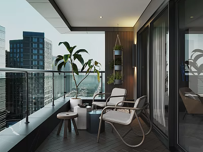 Modern Home Balcony with City View Plants Outdoor Chairs and Small Table 3d model