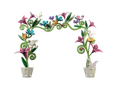 Colorful Event Arch Decorated With Floral Designs Spiral Green Leaves Butterflies And Birds 3d model