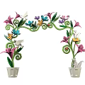 Colorful Event Arch Decorated With Floral Designs Spiral Green Leaves Butterflies And Birds