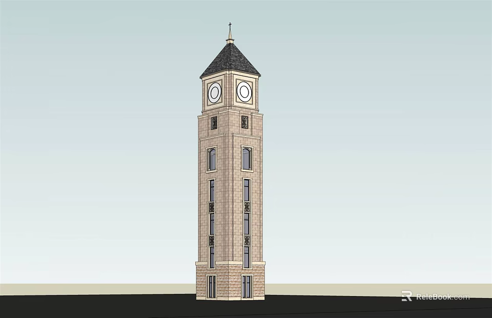 Tall Traditional Brick Clock Tower With Pointed Steeple And Arched Windows 3d model 