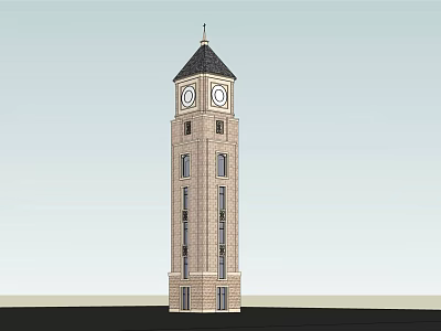 Tall Traditional Brick Clock Tower With Pointed Steeple And Arched Windows 3d model