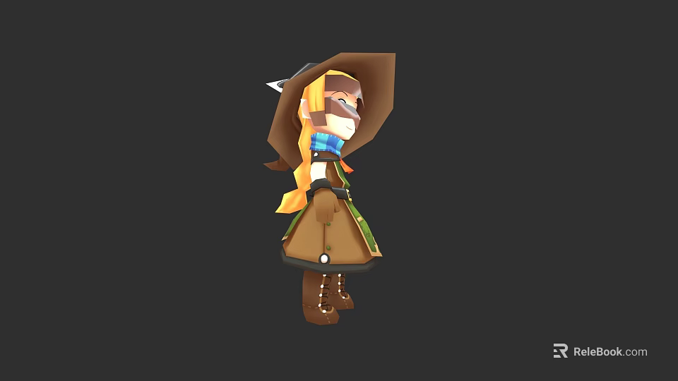 Cartoon Style Woman Wearing Brown Hat Blue Scarf And Brown Coat With Blonde Hair 3d model 