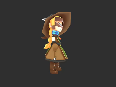 Cartoon Style Woman Wearing Brown Hat Blue Scarf And Brown Coat With Blonde Hair 3d model