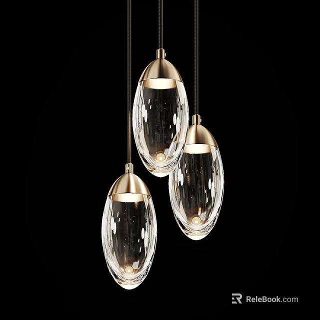 Elegant Modern Three Crystal Pendant Lights With Golden Top Hanging Design 3d model 