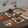 Assorted Sweet Desserts Including Cakes Pastries Donuts and Macarons on Wooden Table with Plates