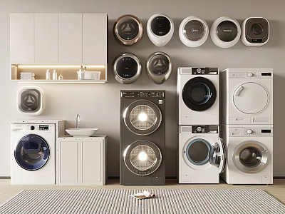 Modern Bathroom Cabinet Rack Design With White Cabinets Washing Machines Dryers And Wall Storage 3d model