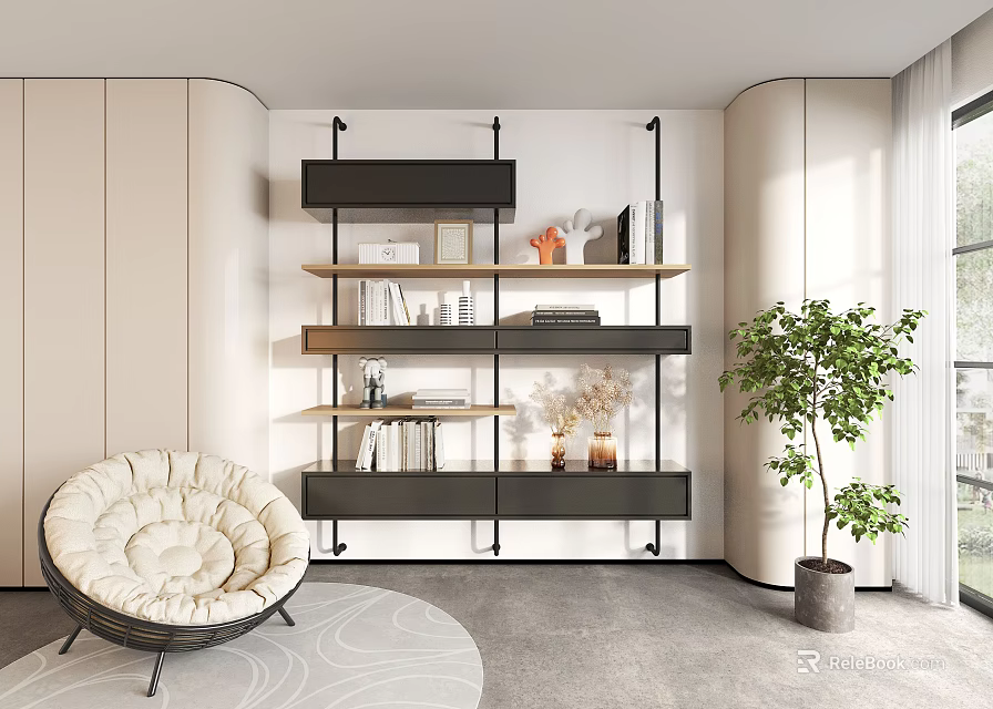 Modern Multilayer Storage Shelf In Bright Interior With Wooden Metal Potted Plant Chair And Rug 3d model 