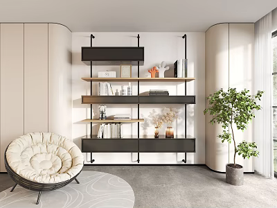 Modern Multilayer Storage Shelf In Bright Interior With Wooden Metal Potted Plant Chair And Rug 3d model