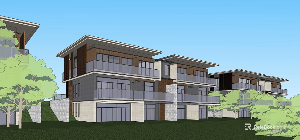 Modern Townhouse Exterior Design With Balconies Glass Windows Stone Wood Facade And Green Lawn 3d model 