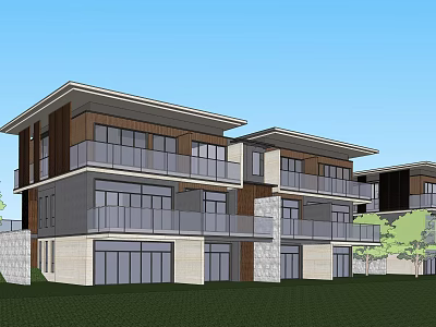 Modern Townhouse Exterior Design With Balconies Glass Windows Stone Wood Facade And Green Lawn 3d model