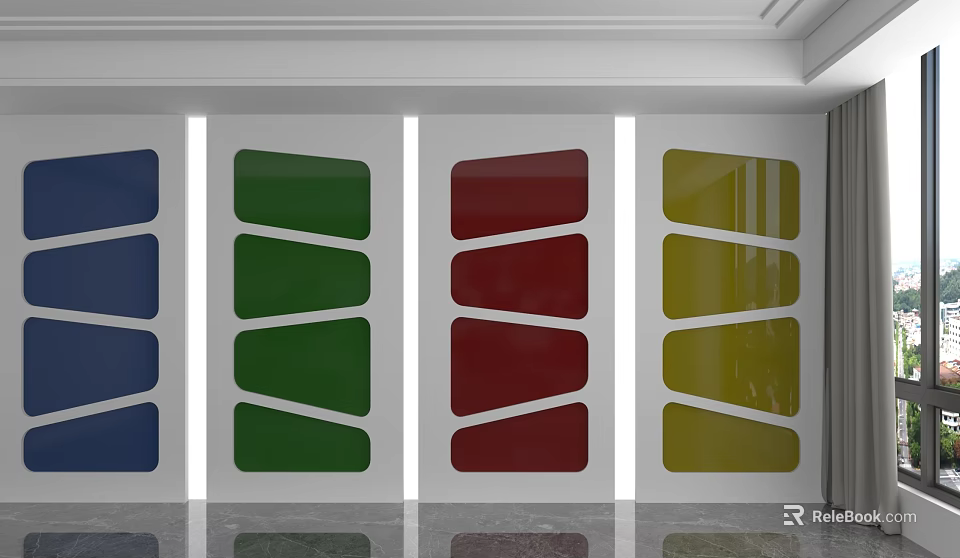 Modern Interior Background Wall With Colorful Geometric Glass Panels In Blue Green Red Yellow 3d model 