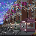 Illuminated Commercial Street Featuring Colorful Decorative Star Lights And Festive Stalls