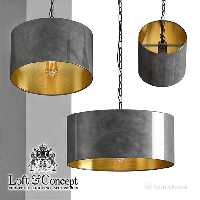 Modern Gray And Gold Metal Drum Shade Chandelier With Hanging Chain Design 3d model 