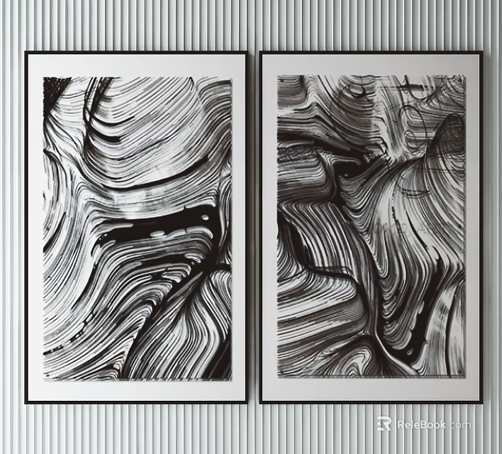 Black and White Abstract Paintings With Flowing Lines And Dynamic Texture Framed Modern Wall Art 3d model 