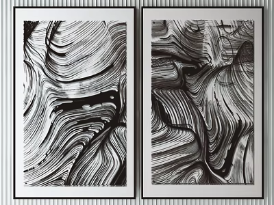 Black and White Abstract Paintings With Flowing Lines And Dynamic Texture Framed Modern Wall Art 3d model