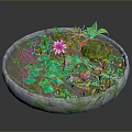 Natural Decorative Stone Basin With Green Lotus Leaves Pink Lotus Flower Stones And Green Plants