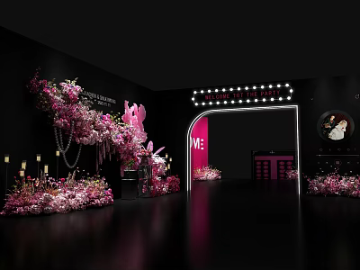 Stylish Photo Spot with Pink Flowers Lighted Archway ME Lettering on Wall and Decorative Lights 3d model