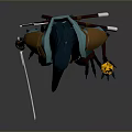 Anthropomorphic Crow Headed Warrior Character With Blue Brown Clothing Holding Sword Clawed Feet